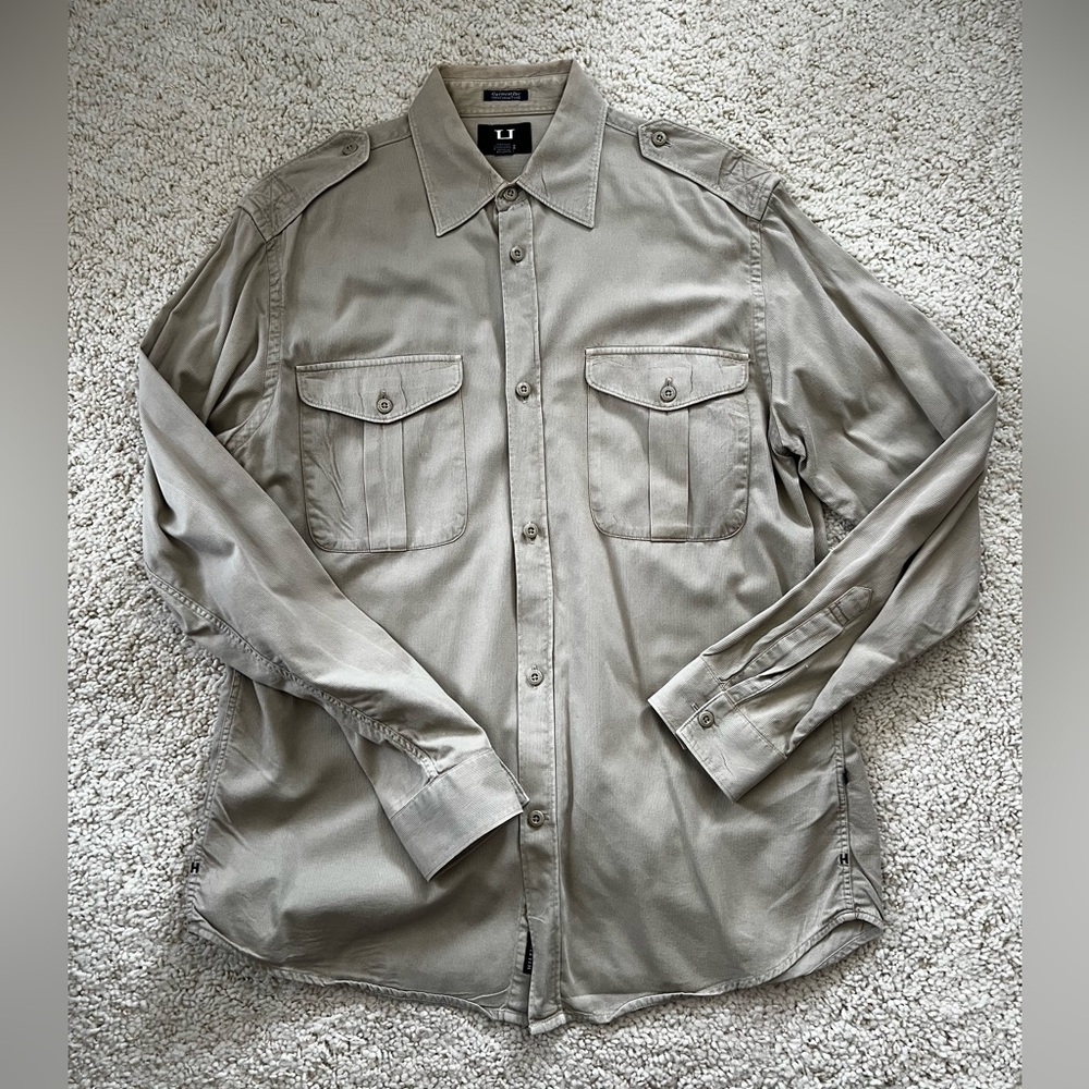 New Tommy H Hilfiger Shirt twill button collar military men pockets TAN MEDIUM